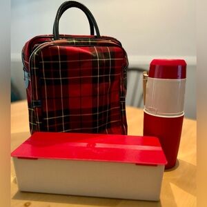 Vintage S&H Stamped Red Plaid Picnic Tote with Thermos and Thermos Storage Box
